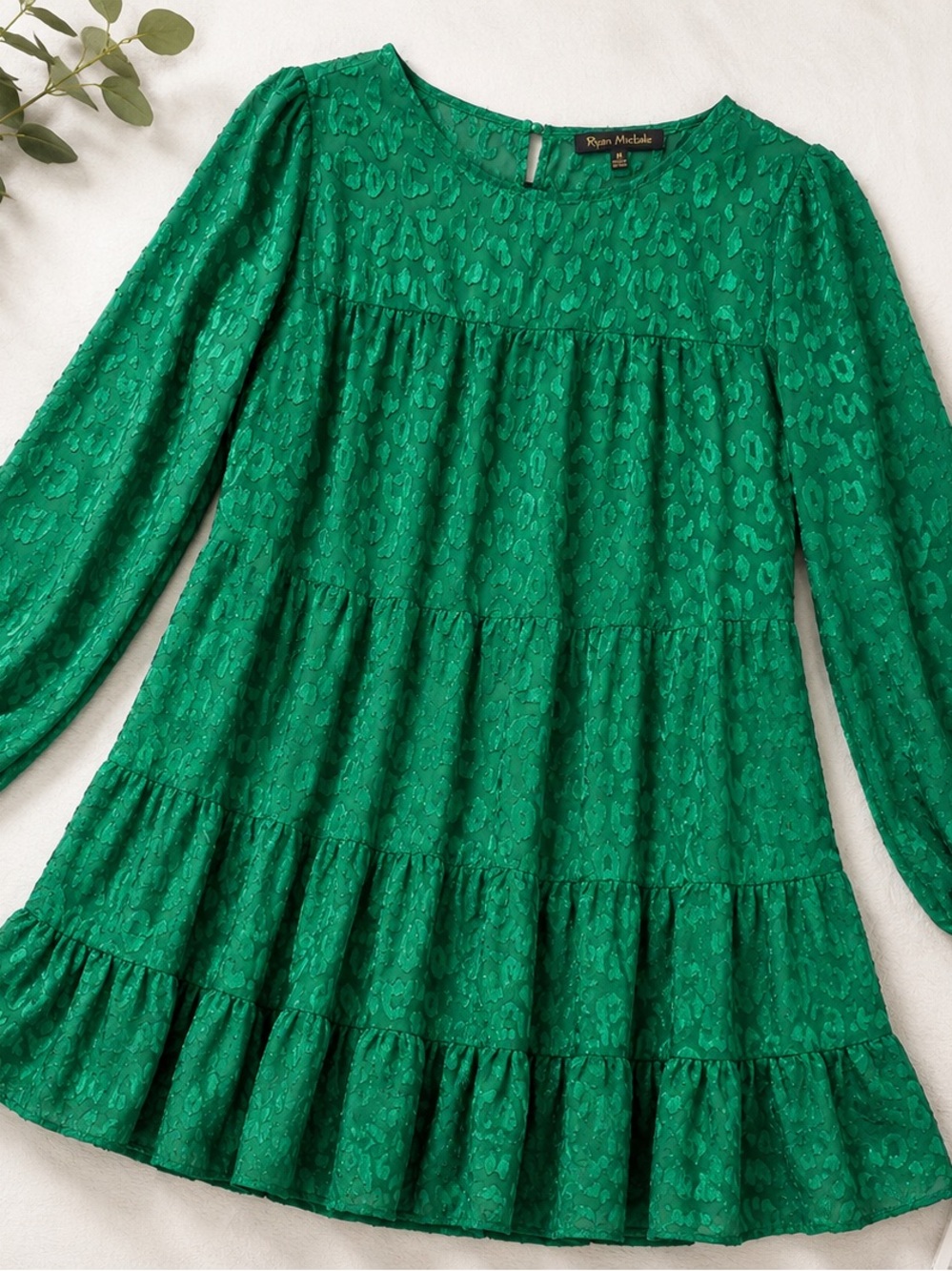 Ryan Michelle Emerald Green Textured Tiered Dress – Size M